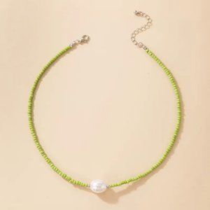 Lime Green & Pearl Beaded Choker Necklace NEW